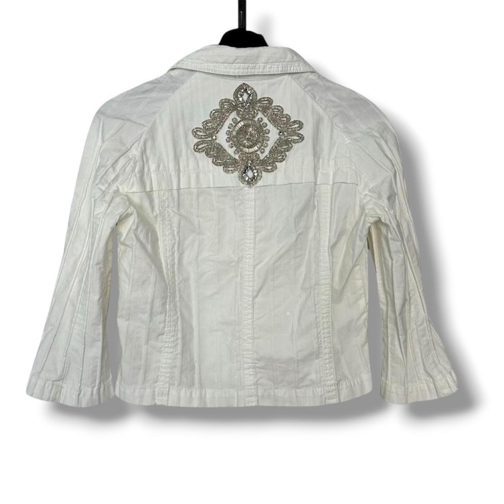 Poleci White 100% Cotton Beaded Rhinestones & Pearls Cropped Trench Jacket 4